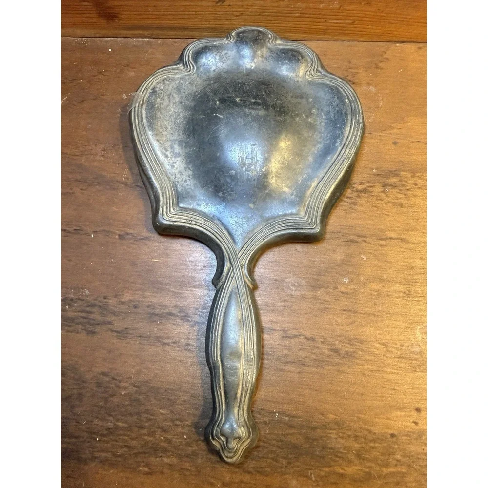Antique Art Nouveau Hand Mirror Frame Monogrammed Vanity Mirror Silverplate 9